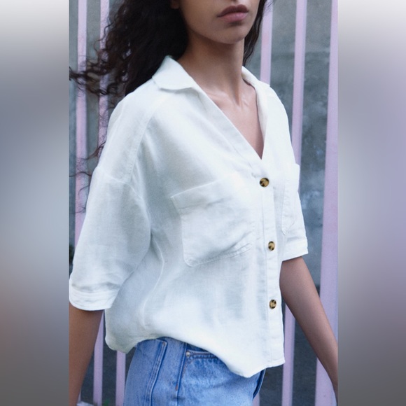 ZARA WHITE SHORT SLEEVE LINEN SHIRT - Picture 3 of 6